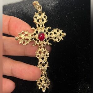 Ruby Abbey Cross Cabochon Statement Pendant Necklace Charm Signed AVON Jewelry